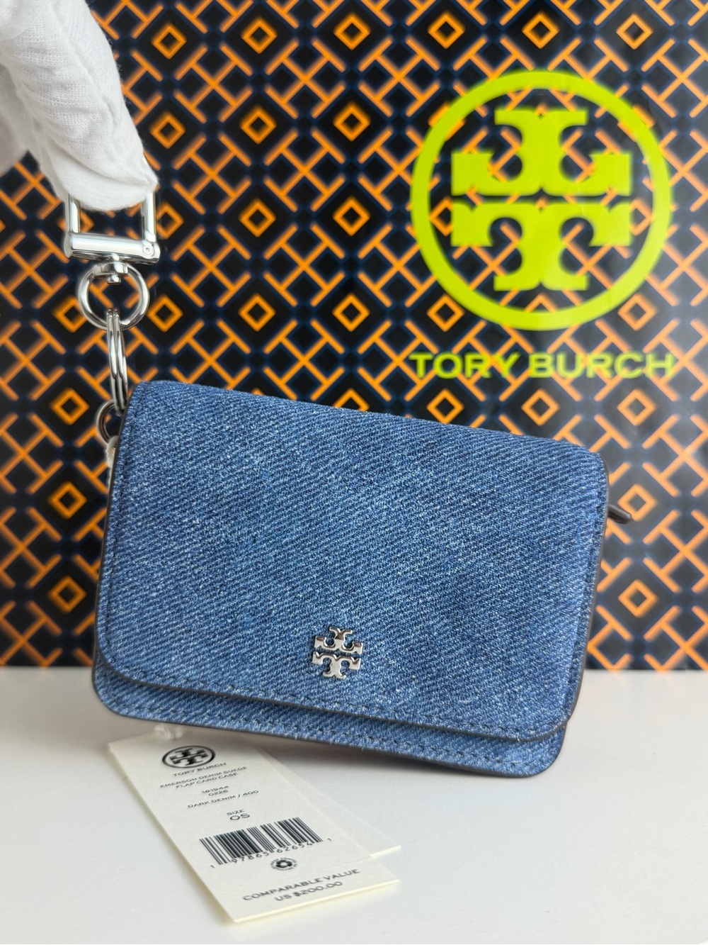 NWT Tory Burch Emerson Denim Suede Flap Card Case
